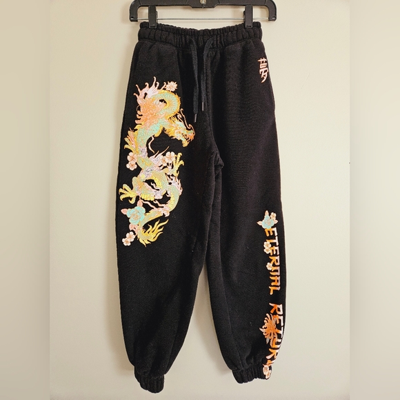 Bershka Dragon Sweatpants Black Asian Flower Design "Eternal Return" Size Small - Picture 2 of 14